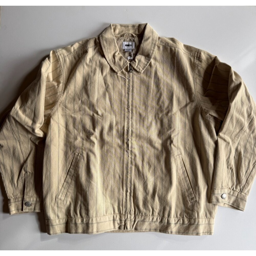 Obey Stripe Zip-Up Jacket in Pelican Multi Beige – Men's Large